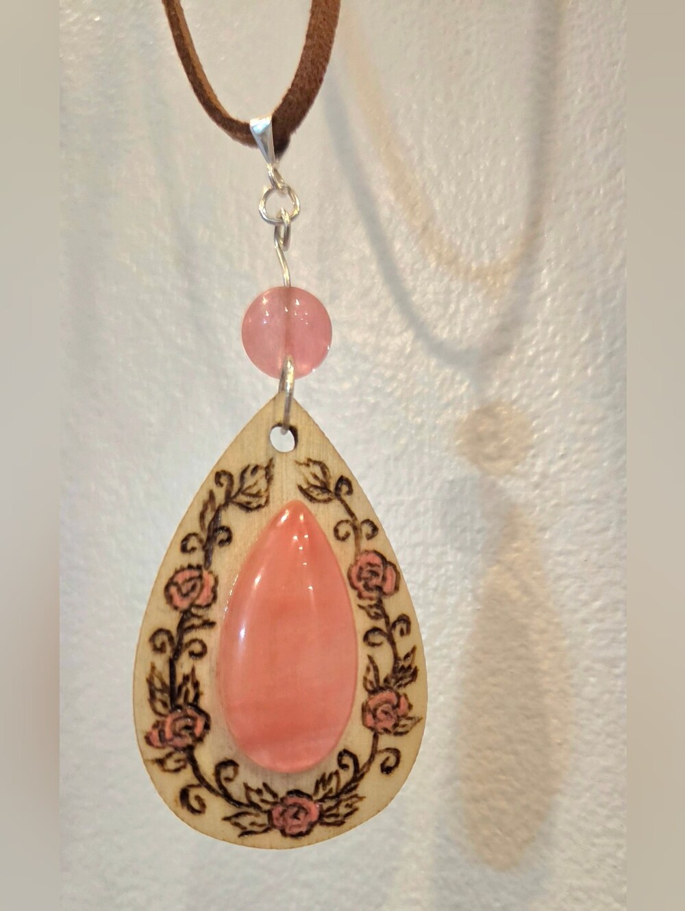 Handcrafted Wooden Floral Boho Pink Cherry Quartz Teardrop Pendant Necklace
